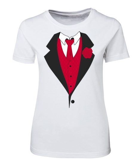 Notch Design Tuxedo Tee - Formal Black White Red Design - Ladies Size