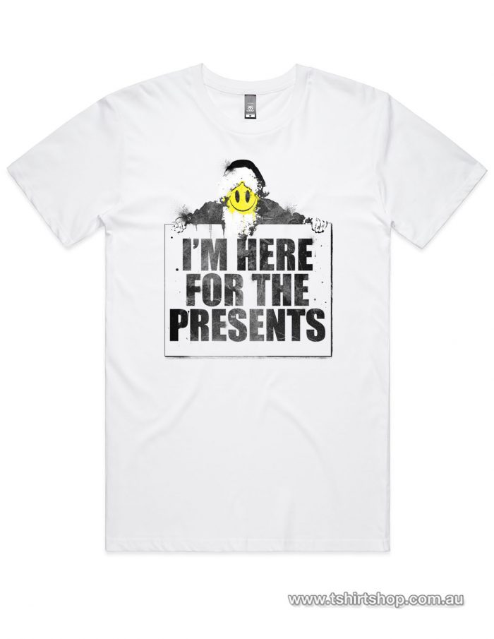 White shirt with im here for the presents print on it