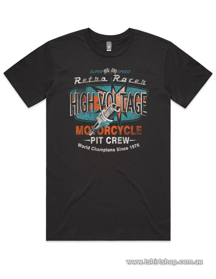 Coal colours motorcycle t-shirt with high voltage