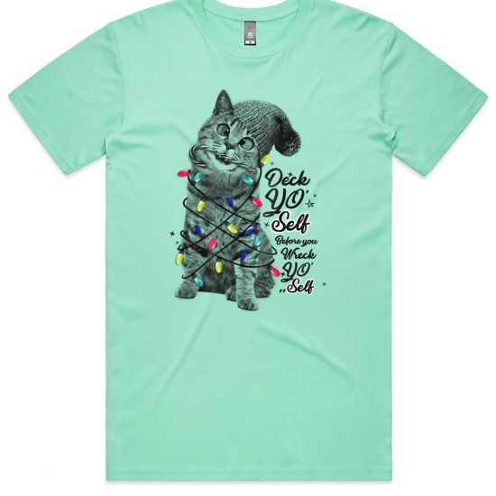 Cute kitten with christmas lights on an Aqua shirt