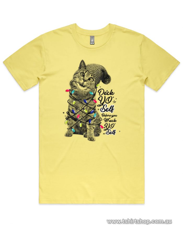 Cute kitten with christmas lights on a lemon colour shirt