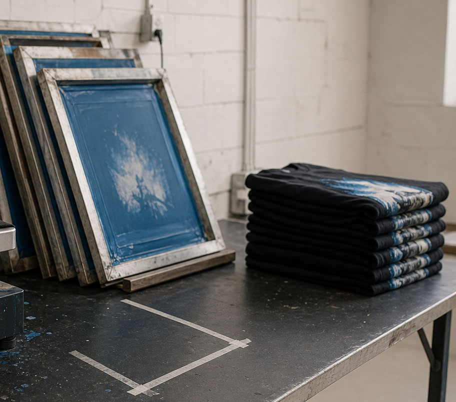 A print room bench showing a DTG printer mid-print, racked screens, and finished shirts