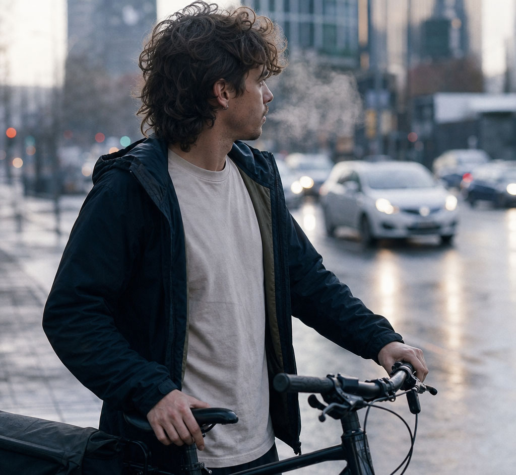 A bike commuter in a plain tee and open jacket on a cold wet city morning