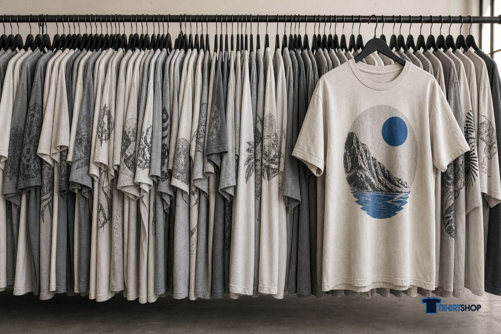 One t-shirt pulled forward from a tightly packed rack of near-identical printed tees