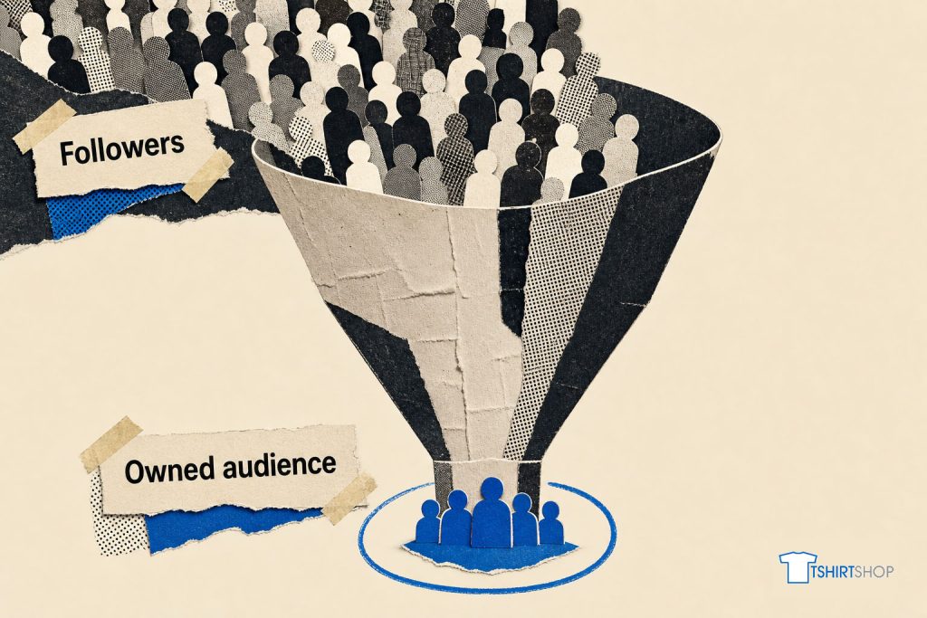 Funnel showing a large follower crowd narrowing to a small owned audience of customers and subscribers.