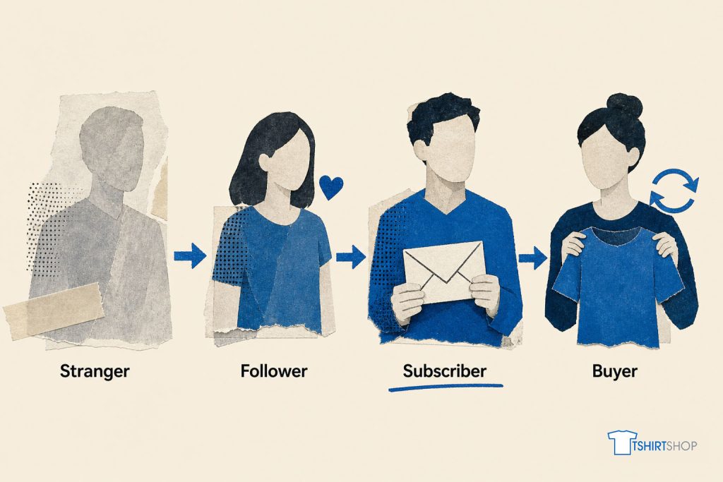 Four-stage journey from stranger to follower to email subscriber to repeat buyer.