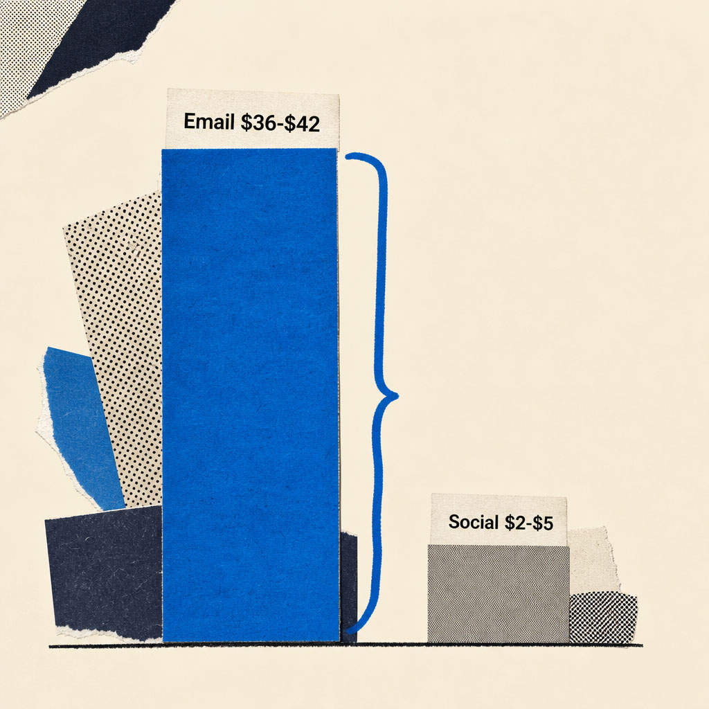 Bar comparison showing email returns about $36-42 per dollar versus $2-5 for organic social.