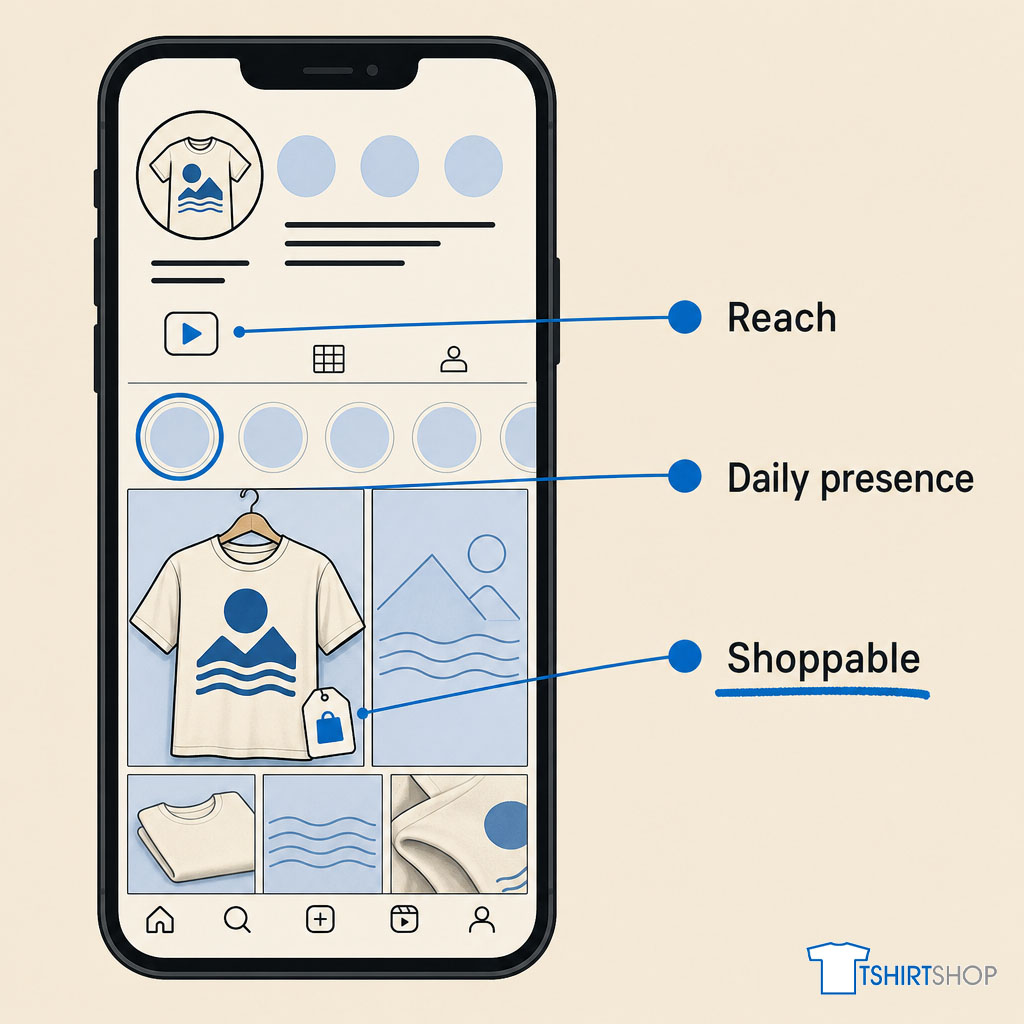 A phone showing a t-shirt brand profile with callouts for reach, daily presence and shoppable tags.