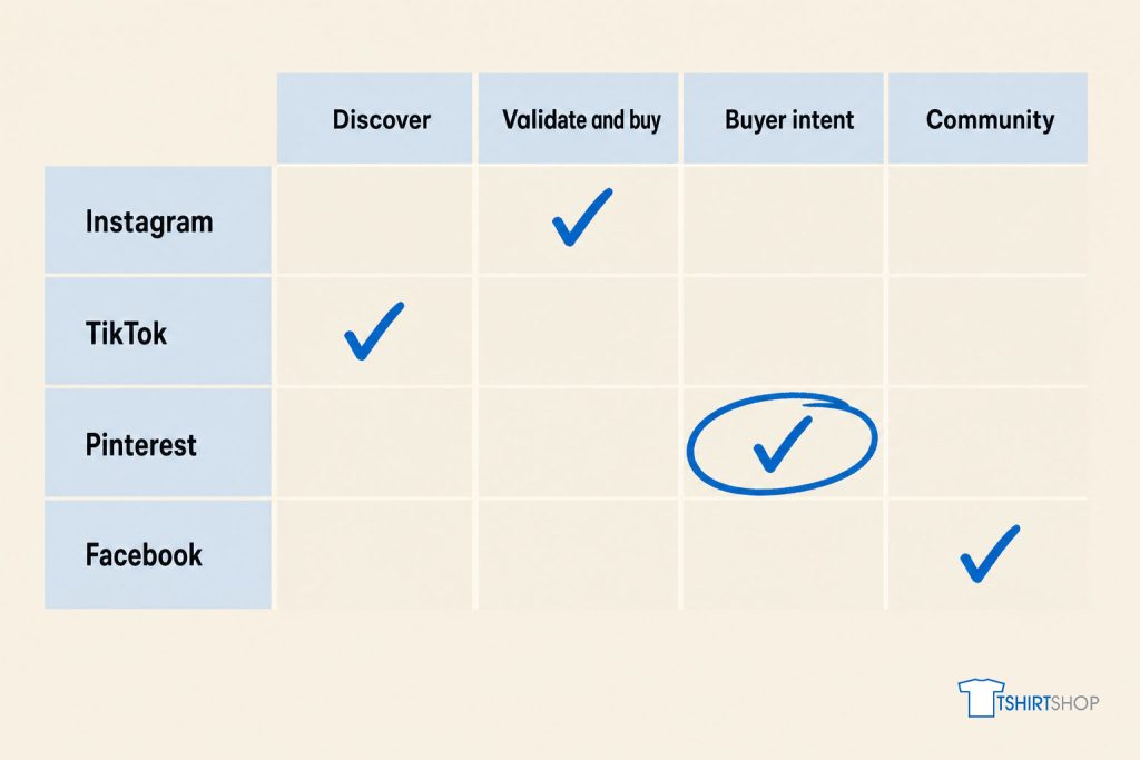 Scorecard matching Instagram, TikTok, Pinterest and Facebook to what each platform is best for.