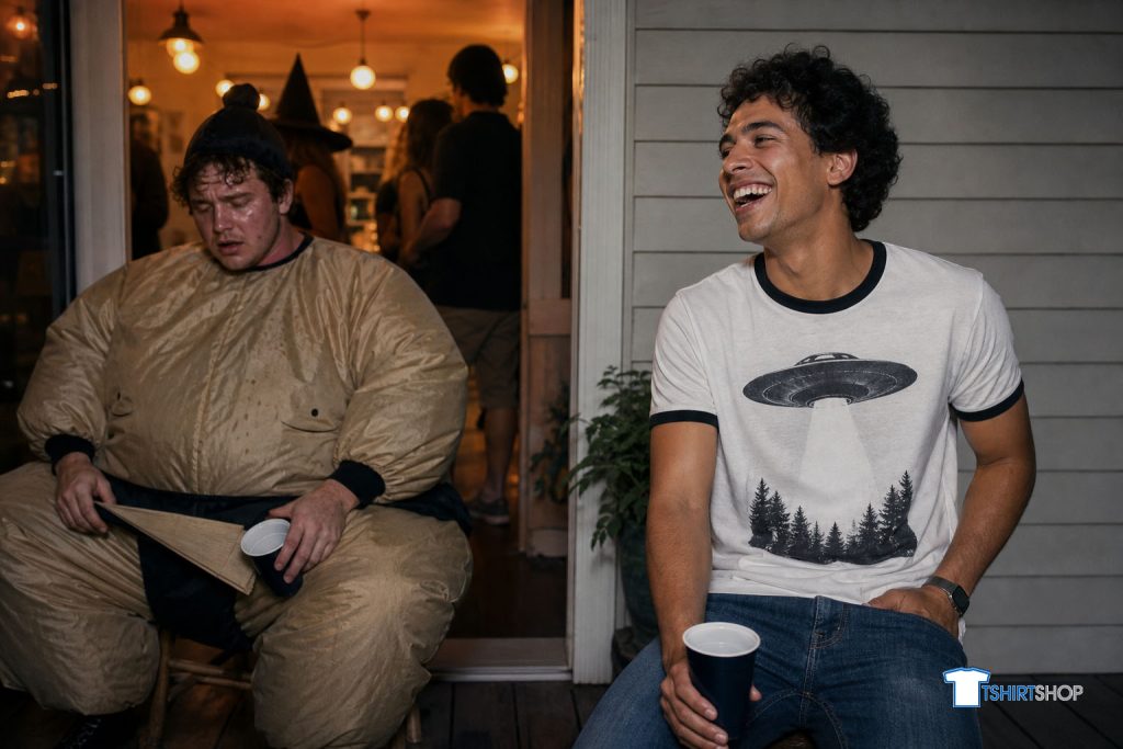 Person in just a printed tee costume laughing beside a friend sweating in a bulky full costume at a party