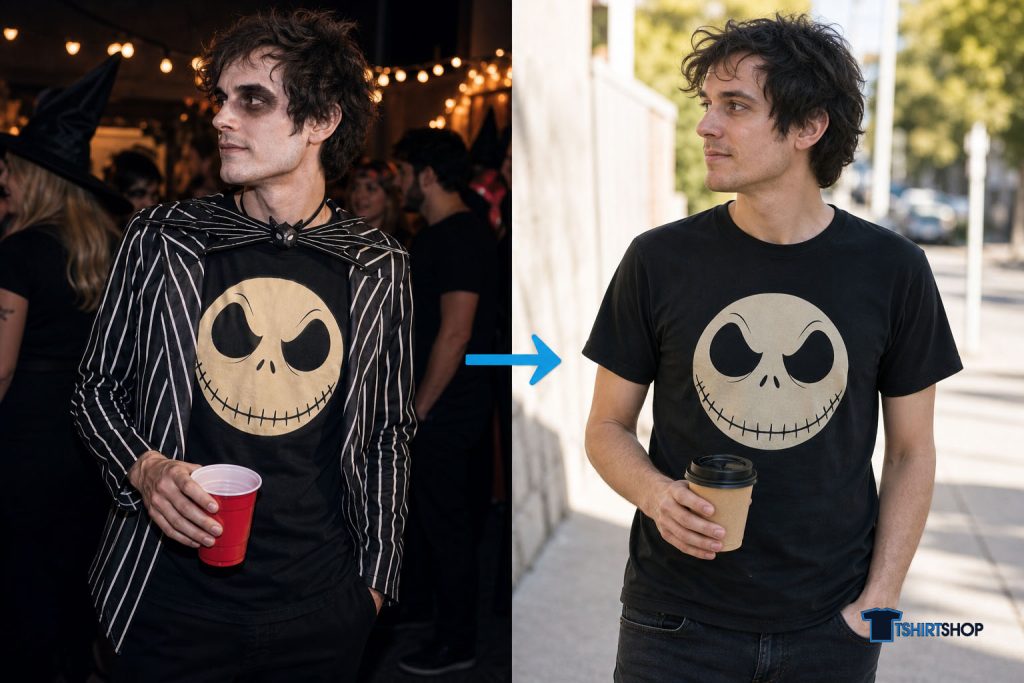 The same funny tee worn two ways: as a costume at a night party, then casually on a normal weekend day