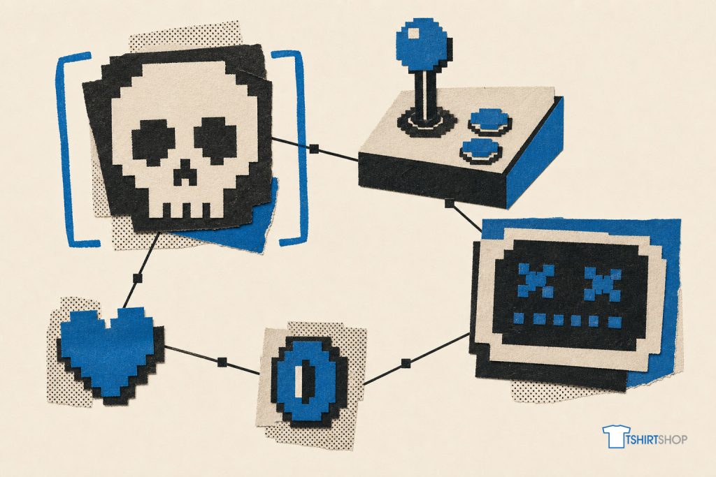 A linked collage of 8-bit arcade elements: a pixel skull, joystick, coin and a blocky game-over screen