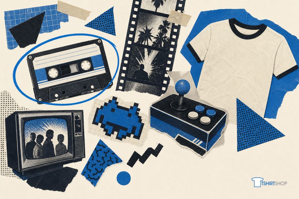 A collage of 80s artefacts: a cassette, arcade joystick, film strip and a ringer tee, with neon-era shapes
