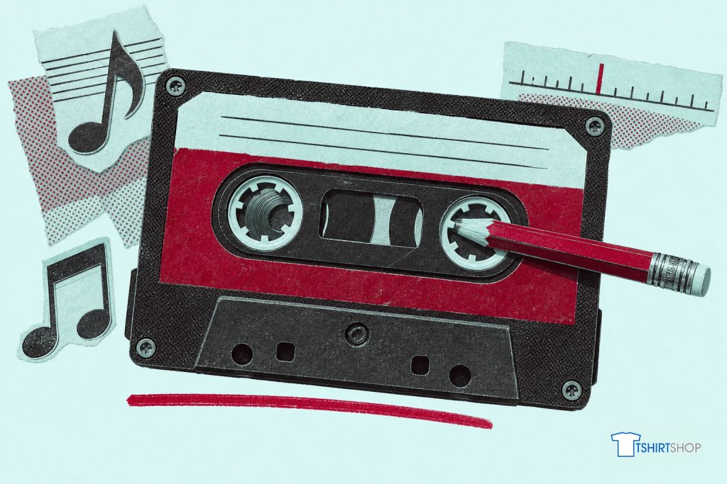 A large 80s cassette tape with a pencil looped through the reel, the classic mixtape image