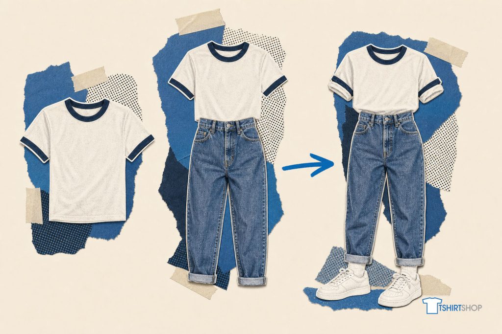 A three-stage 80s outfit built up left to right: a ringer tee, then with denim, then with white sneakers