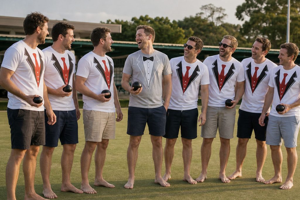 A bucks party crew at barefoot bowls in matching tuxedo t-shirts, the groom in a different design
