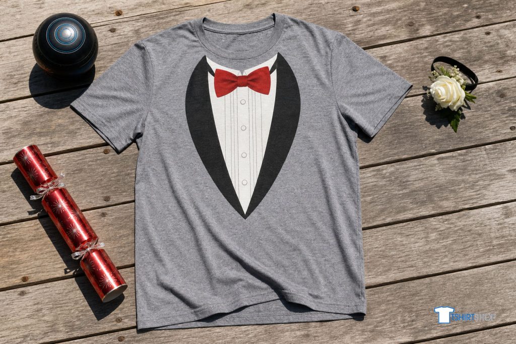 A grey t-shirt with a printed tuxedo and red bow tie, beside a lawn bowl, Christmas cracker and corsage