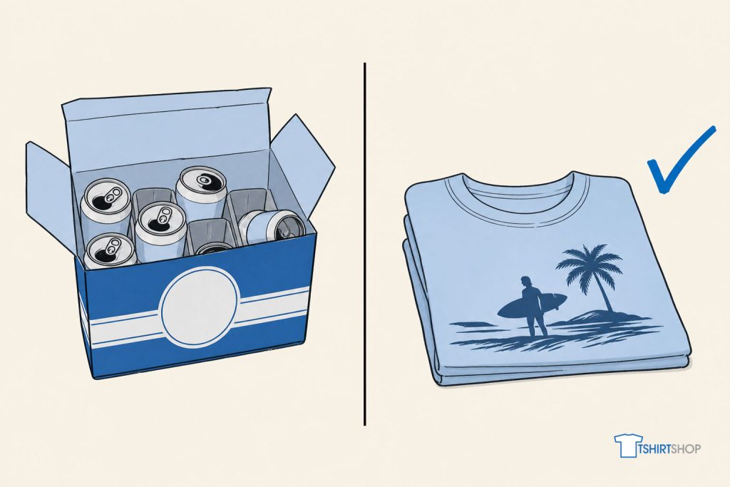 Split image: an empty beer carton on the left versus a folded tee on the right, kept and worn all summer