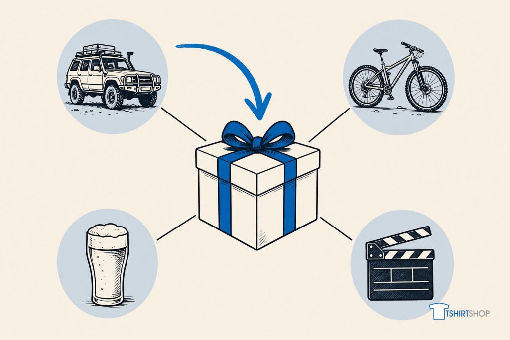 A gift box at the centre with 4WD, bike, beer and movie icons feeding into it, one gift sorted by hobby